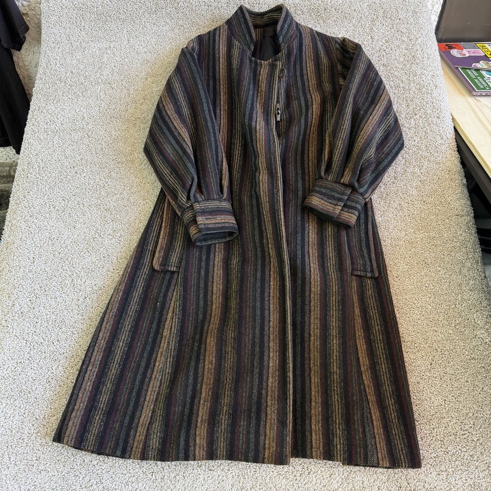 Vintage LUBA Coat Womens M Multicolor Wool Tweed Long Striped Zip Front Overcoat